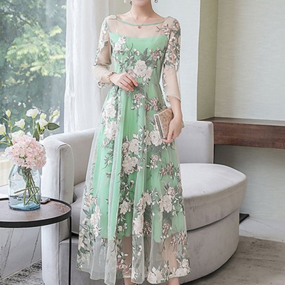 Anthropologie x Vicky and Lucas Floral Embroidery Sheer-Overlay Midi Dress